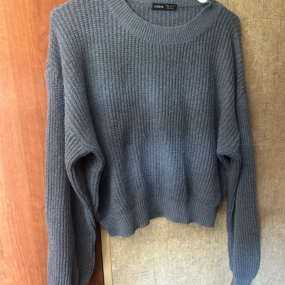 SHEIN Slate Blue Chunky Knit Crewneck Sweater
